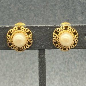 Clip On Earrings White Round Pearl Gold Scroll Rope Vintage Retro Granny Soft Gi